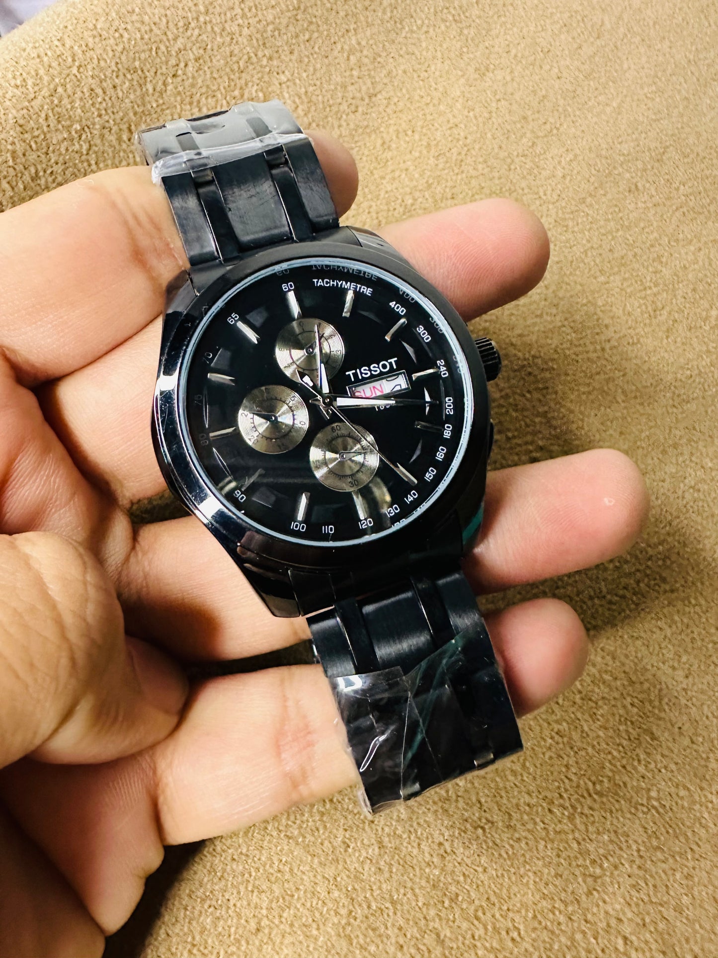 TISSOT Black Chronograph Watch – Tachymeter Dial Stainless Steel Men's Watch