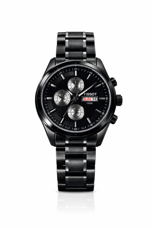TISSOT Black Chronograph Watch – Tachymeter Dial Stainless Steel Men's Watch