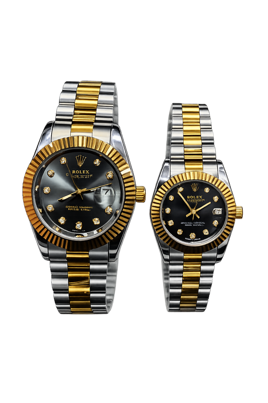 ROLEX Couple Watch Set Two Tone Black Dial Datejust Style