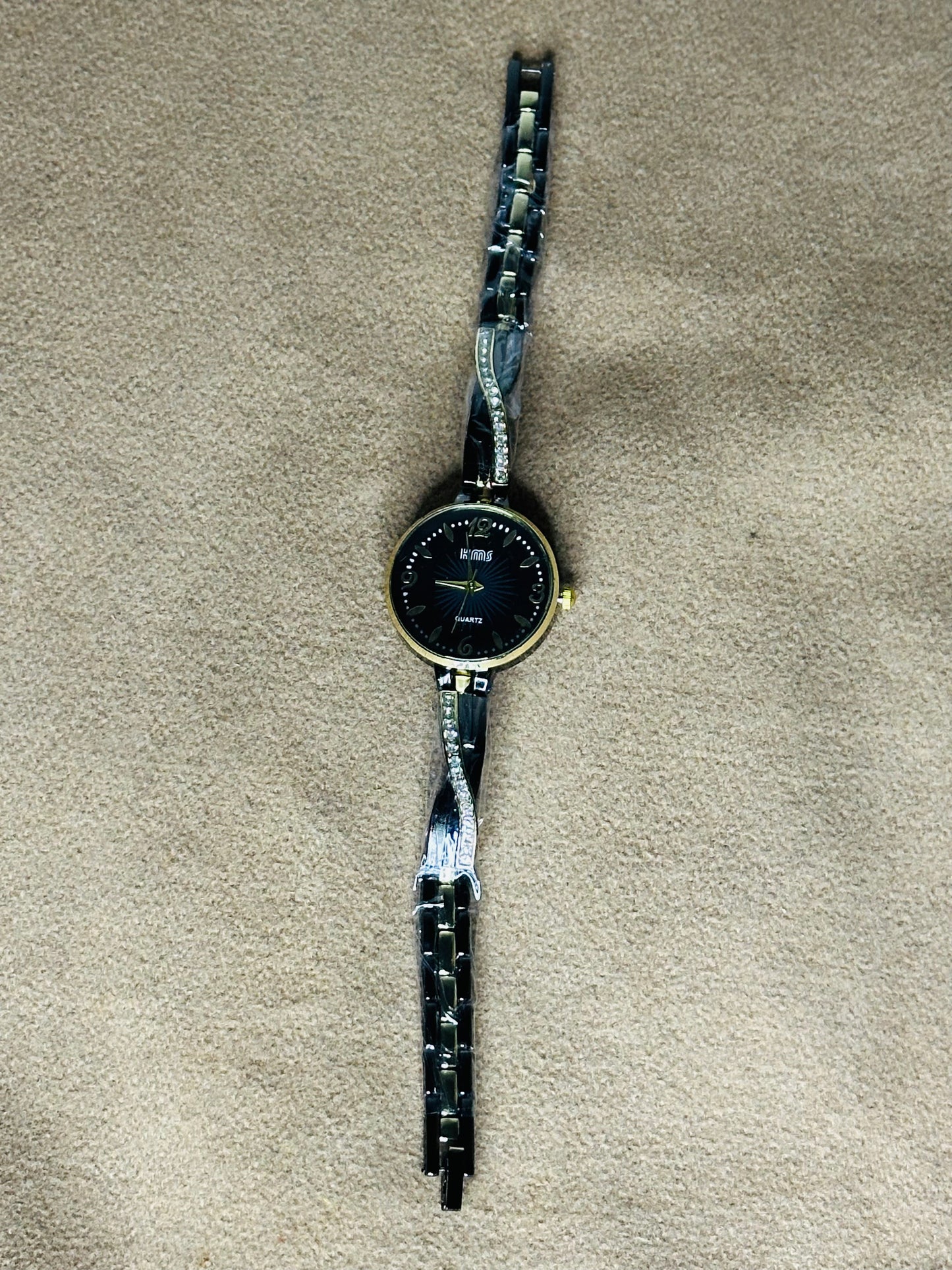 KMS Elegant Black &amp; Gold Ladies Watch  Crystal Bracelet Style