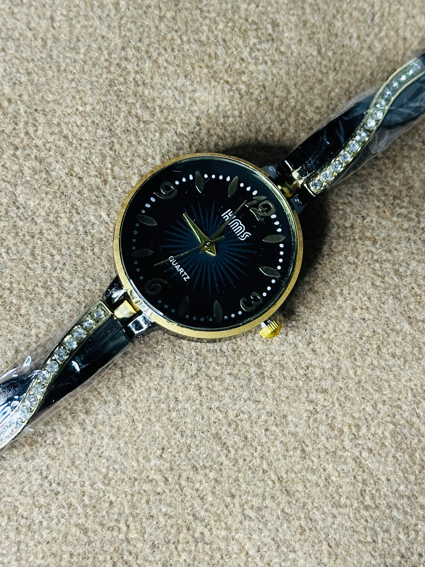 KMS Elegant Black &amp; Gold Ladies Watch  Crystal Bracelet Style