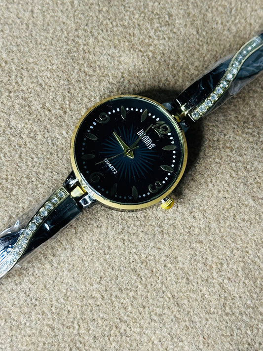 KMS Elegant Black &amp; Gold Ladies Watch  Crystal Bracelet Style