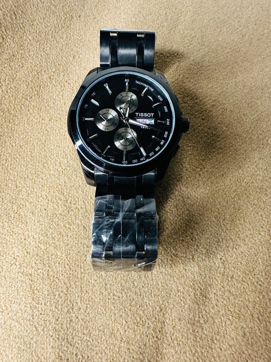 TISSOT Black Chronograph Watch – Tachymeter Dial Stainless Steel Men's Watch