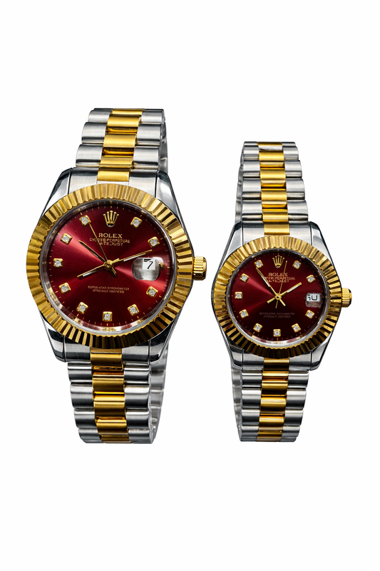 ROLEX Couple Watch Set Two Tone Maroon Dial Datejust Style